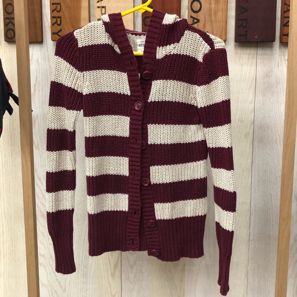 Stripe button front hooded cardigan
